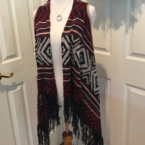 Navy, gray, and burgundy long sweater vest